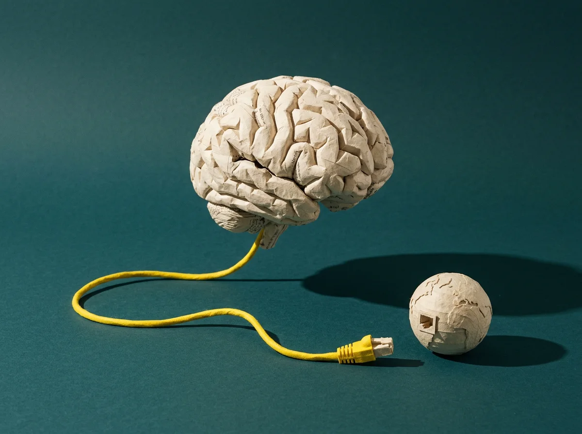 AI editorial illustration: a paper brain and globe separated by an unplugged yellow cable, a metaphor for internet isolation.